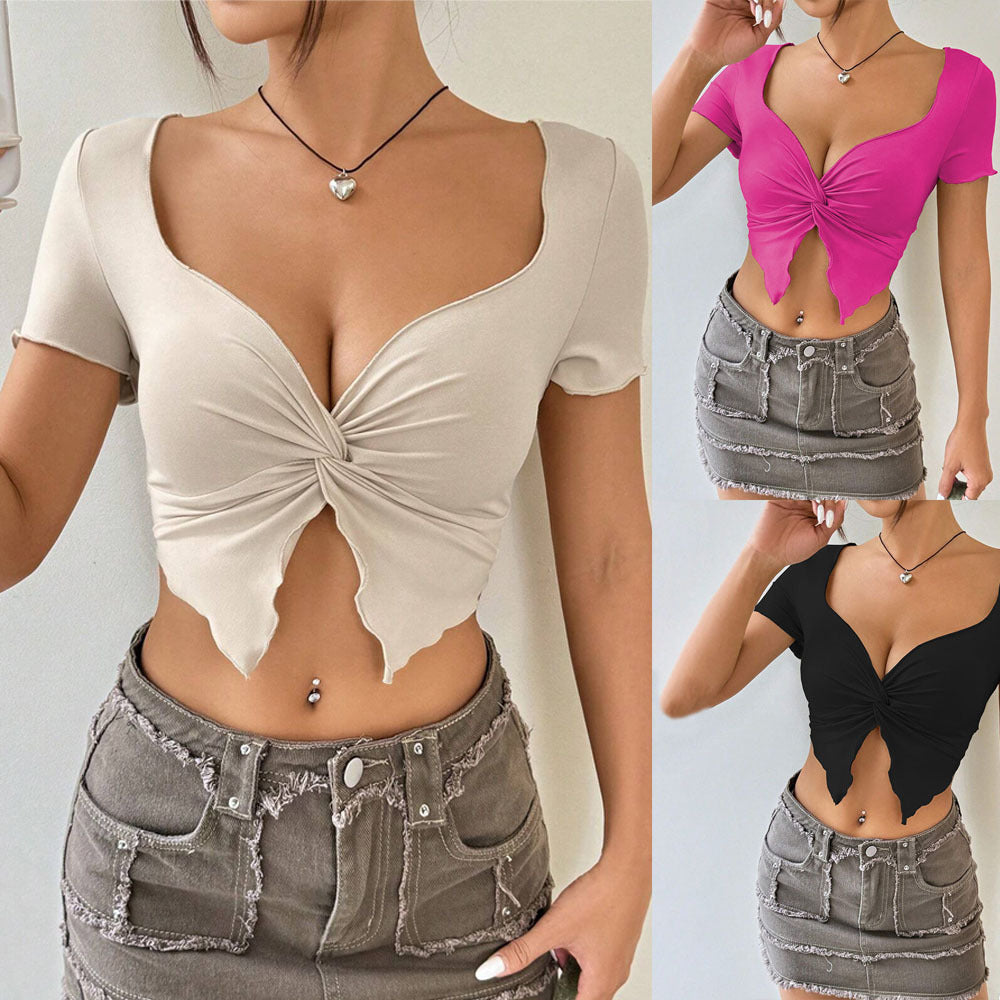 Streetwear Crop Top – Solid Color Short Sleeve Pleated T-Shirt