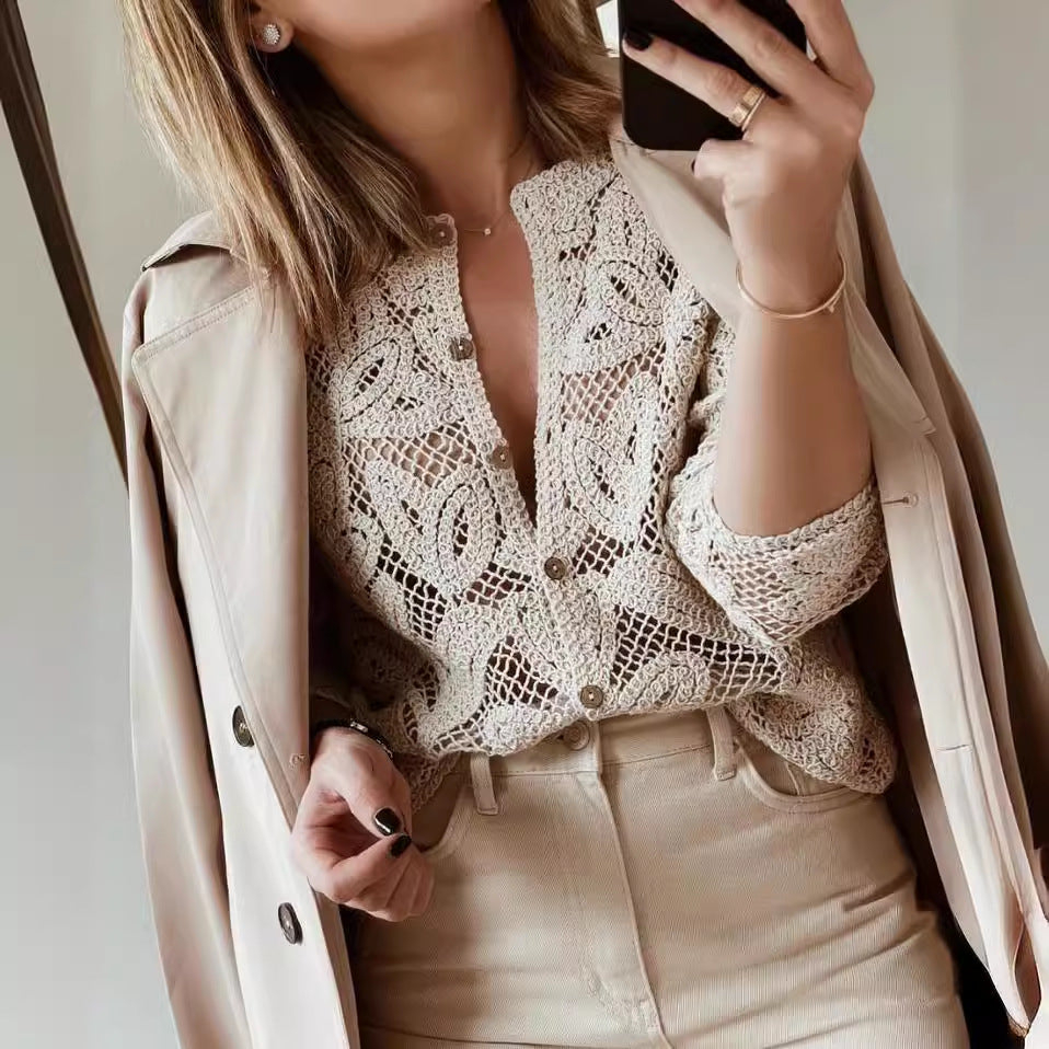 Women’s Elegant Hollow Out Blouse – Solid Color Long Sleeve Streetwear Top
