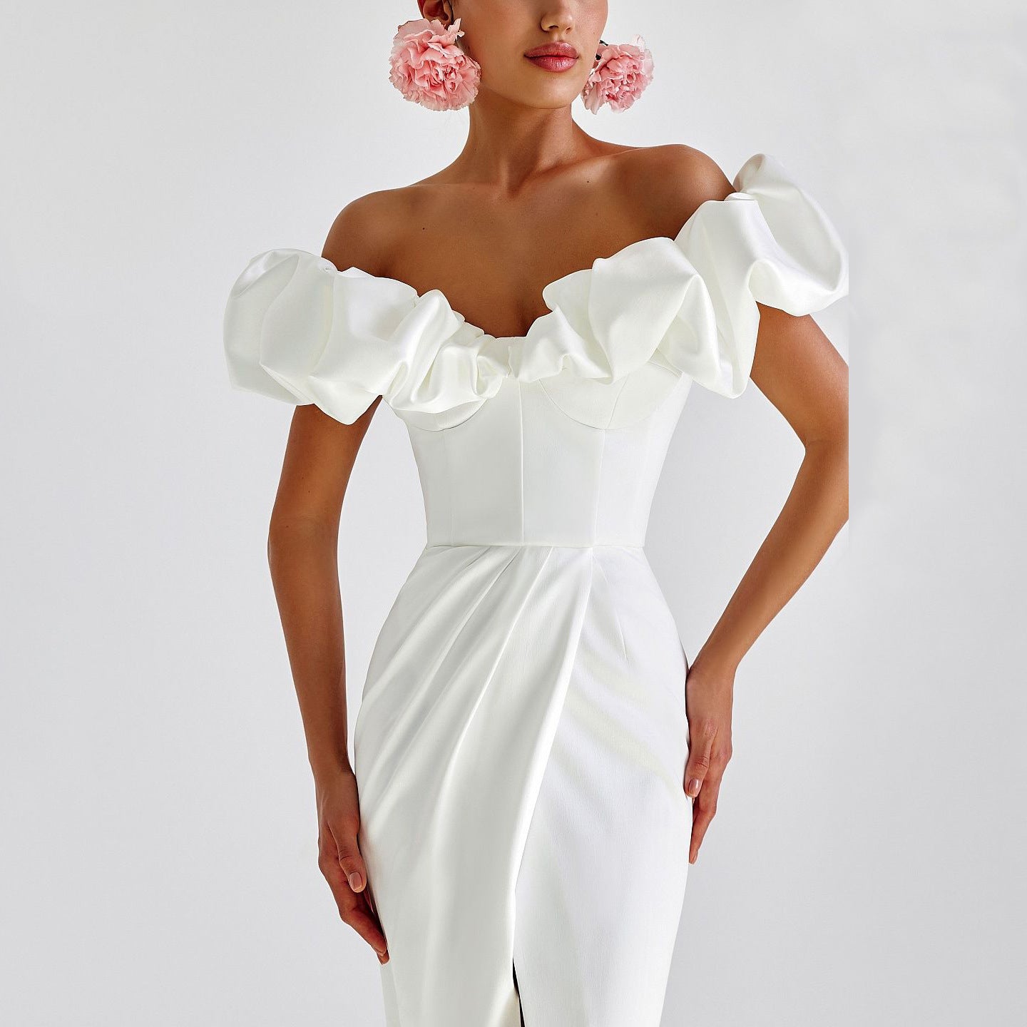 Women's Elegant Ruffle Party Dress – Off Shoulder, Short Sleeve, Solid Color Banquet & Cocktail Dress