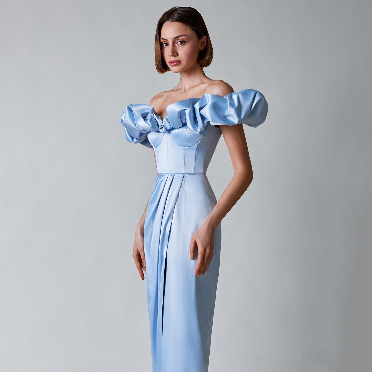 Women's Elegant Ruffle Party Dress – Off Shoulder, Short Sleeve, Solid Color Banquet & Cocktail Dress