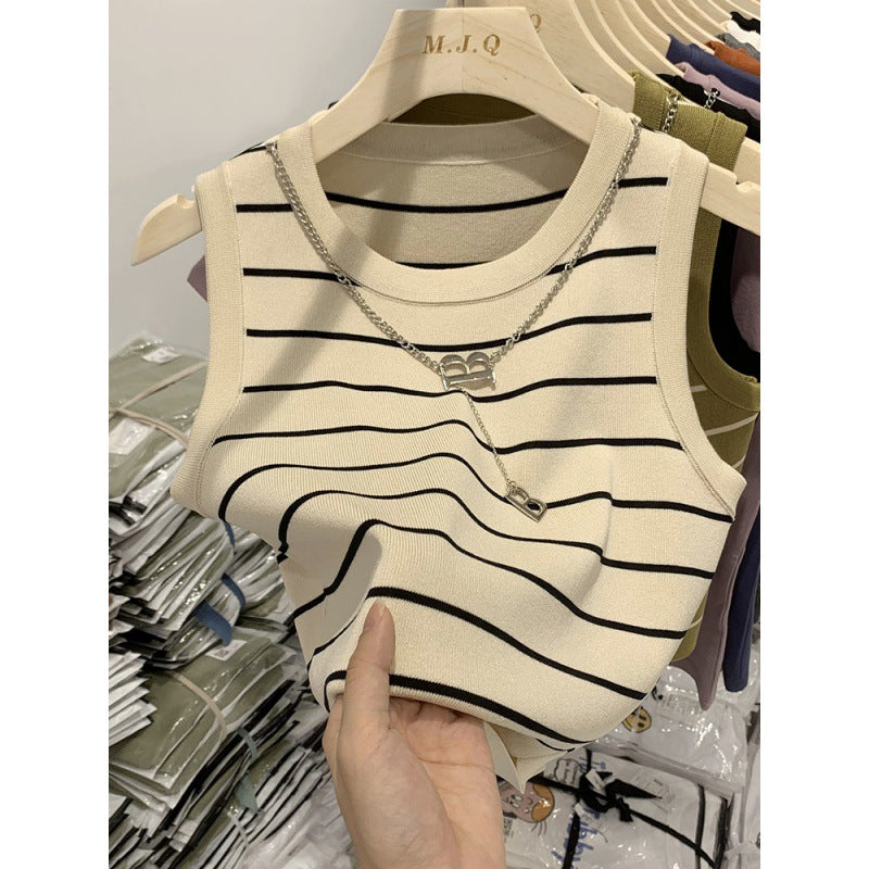 Women’s Casual Streetwear Tank Top – Stripe Contrast Binding Sleeveless Shirt