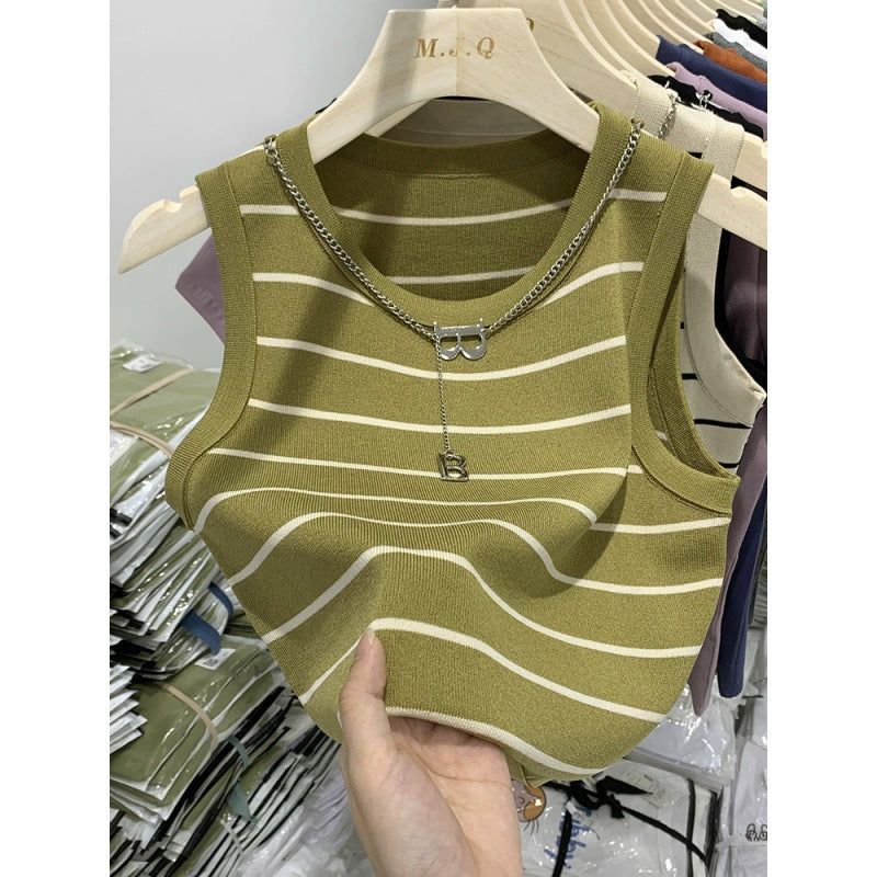 Women’s Casual Streetwear Tank Top – Stripe Contrast Binding Sleeveless Shirt