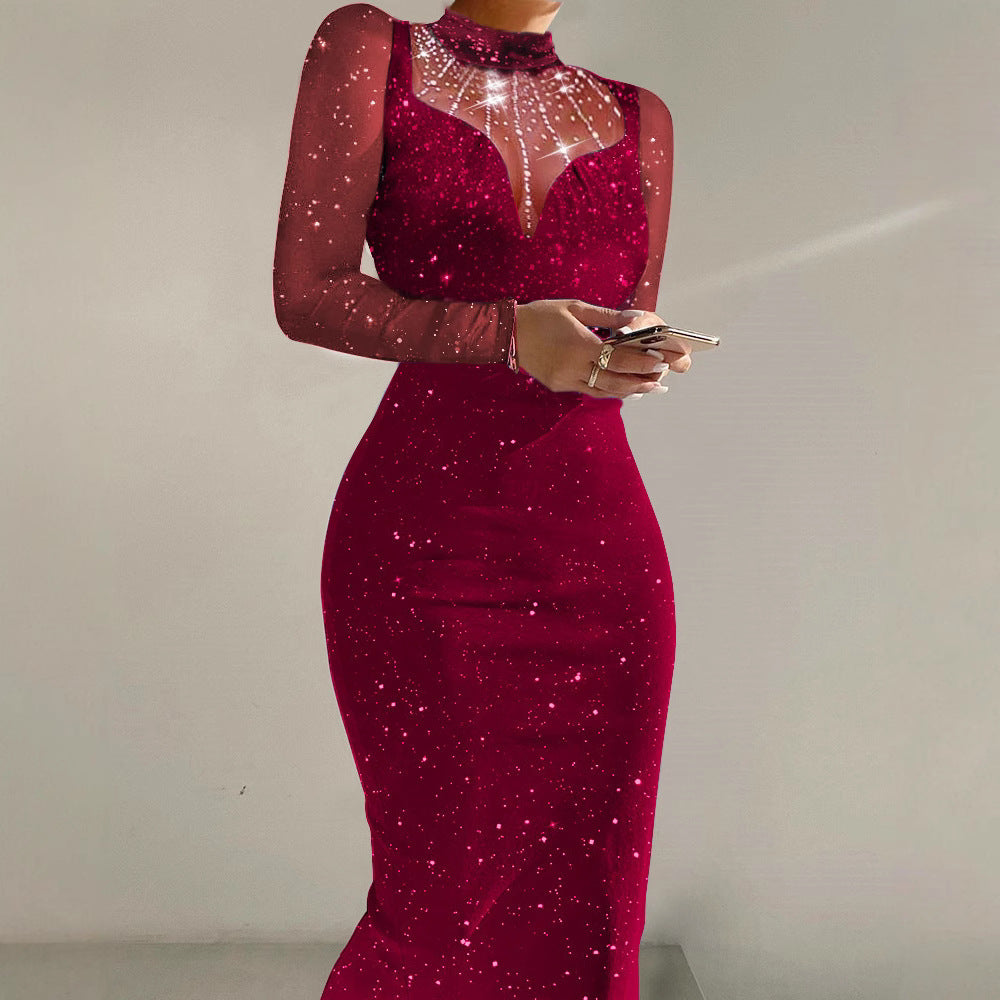 Women's Elegant Sequin Cocktail Party Dress – Solid Color, Round Neck, Long Sleeve Sheath