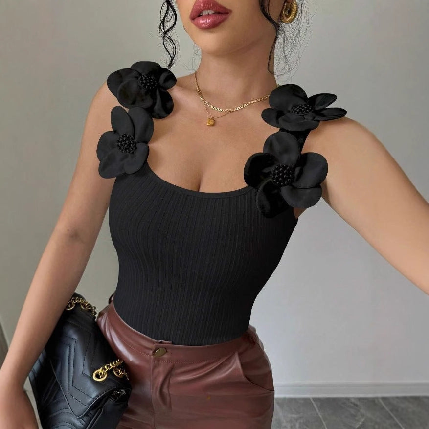 Women’s Summer Knitted Vest – Elegant Sleeveless Top with 3D Flower Decoration, Casual Fashion Style