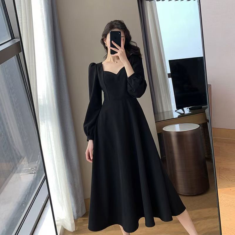 Hepburn Style Small Black Dress Women's Spring And Autumn New Retro V-Neck Long Over-the-Knee Black Elegant Dress Long