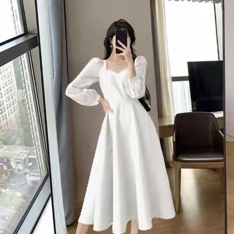 Hepburn Style Small Black Dress Women's Spring And Autumn New Retro V-Neck Long Over-the-Knee Black Elegant Dress Long