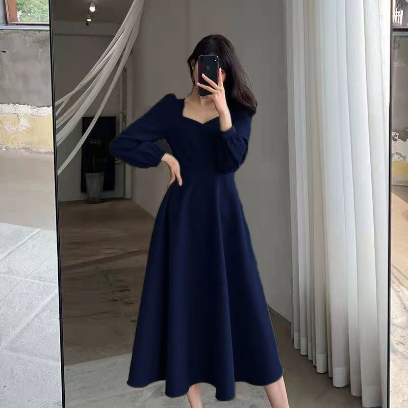 Hepburn Style Small Black Dress Women's Spring And Autumn New Retro V-Neck Long Over-the-Knee Black Elegant Dress Long
