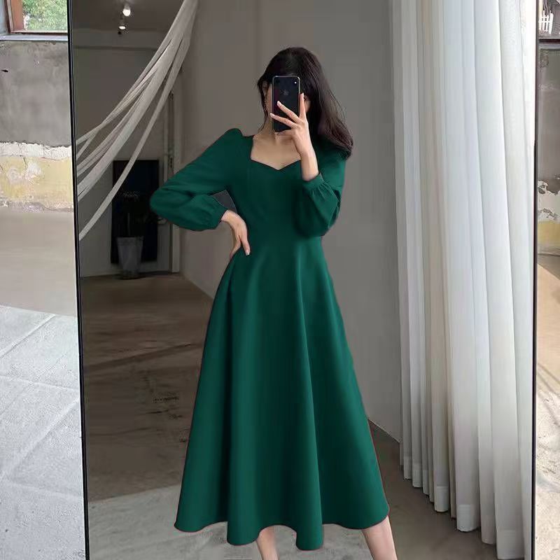 Hepburn Style Small Black Dress Women's Spring And Autumn New Retro V-Neck Long Over-the-Knee Black Elegant Dress Long