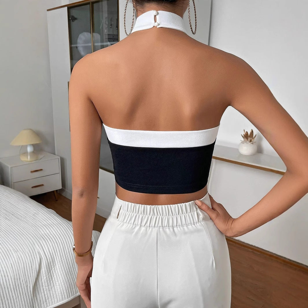 Women's Summer Halter Neck Vest – Black & White Split Design Top
