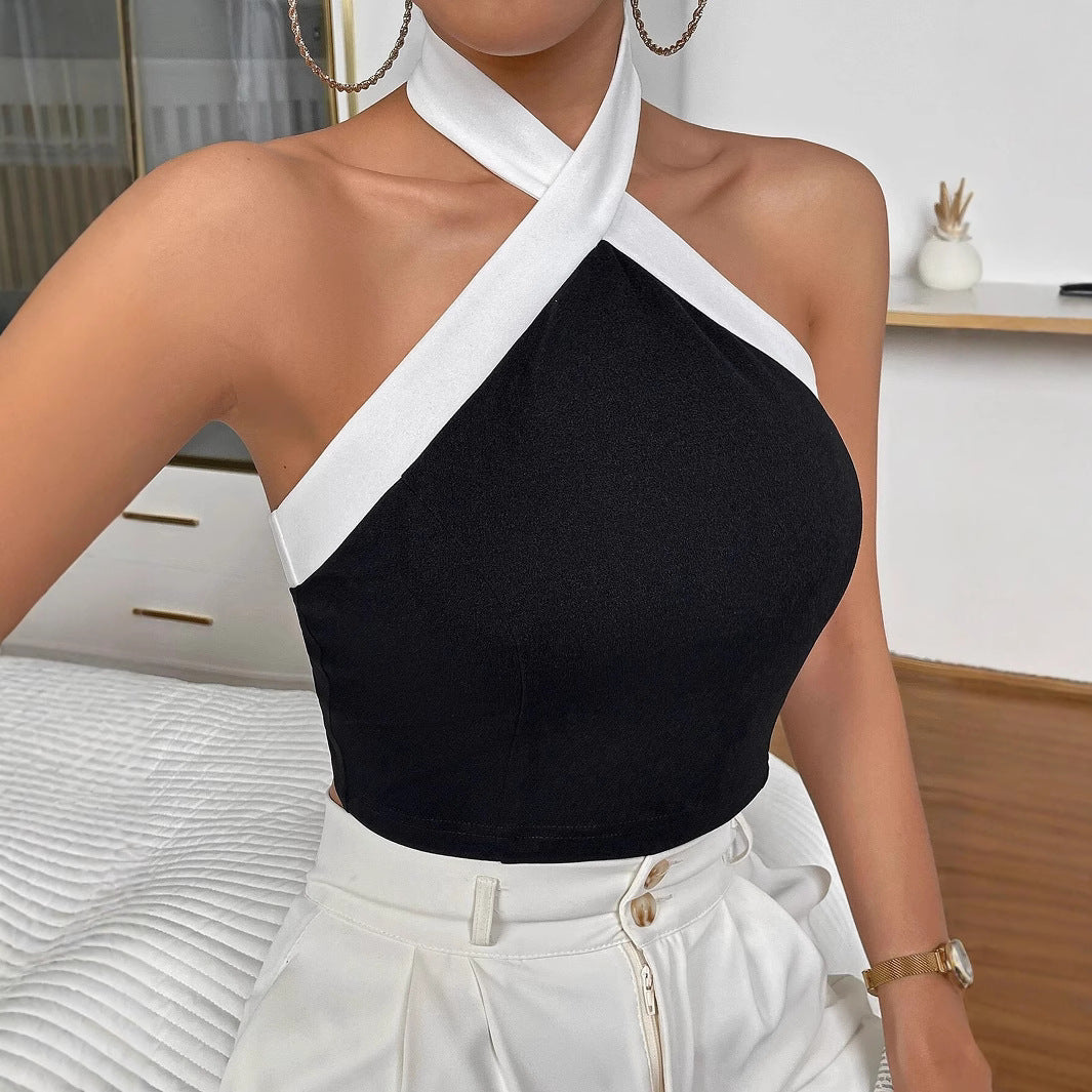 Women's Summer Halter Neck Vest – Black & White Split Design Top