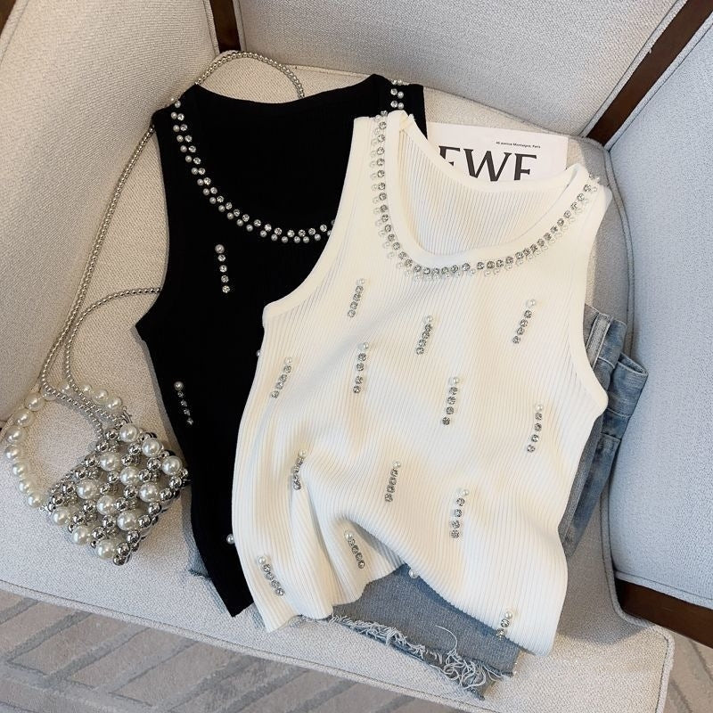 Summer Slim Fit Off-Shoulder Top – Western Style Beaded Knit Camisole, Elegant Heavy Design for Outerwear