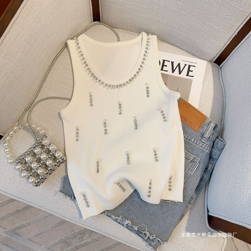 Summer Slim Fit Off-Shoulder Top – Western Style Beaded Knit Camisole, Elegant Heavy Design for Outerwear