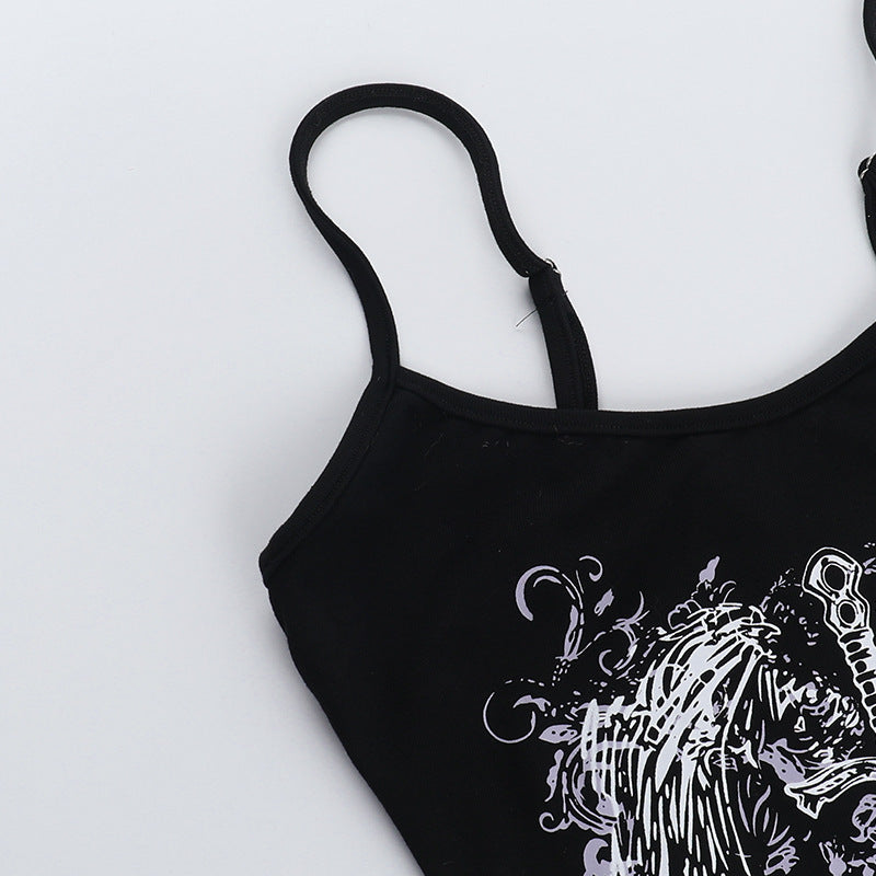 Women’s Gothic Strap Vest Tank Top – Dark Streetwear U-Neck Slim Fit Sleeveless Printed Crop