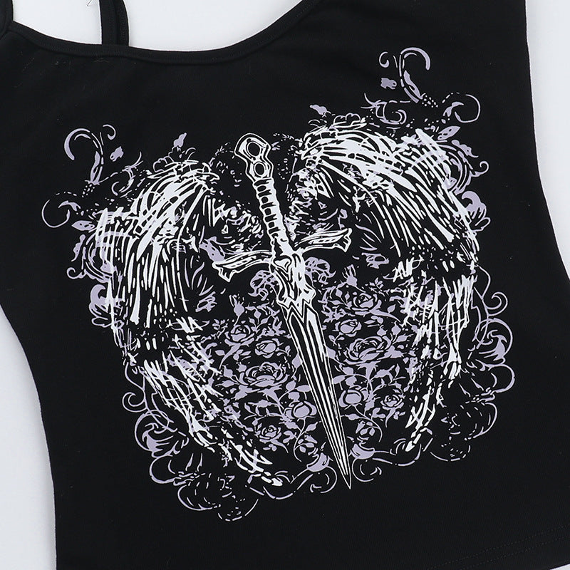 Women’s Gothic Strap Vest Tank Top – Dark Streetwear U-Neck Slim Fit Sleeveless Printed Crop