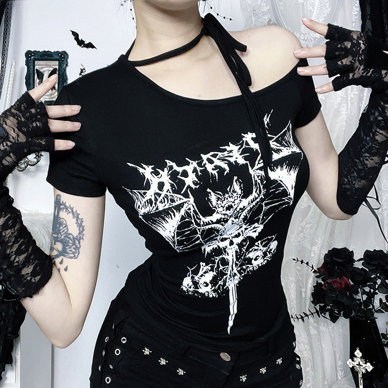 Women’s Dark Culture Asymmetric Shoulder T-Shirt – Animal Print Streetwear Slim Fit Short Sleeve Top