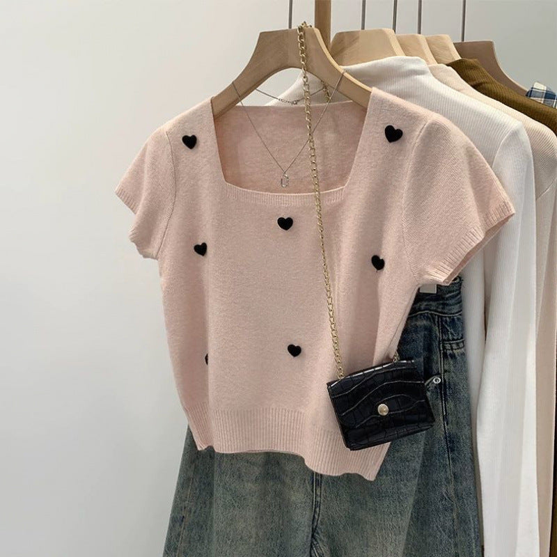Women’s Summer 3D Heart Knit Top – Stylish Square Collar, Short Sleeve T-Shirt