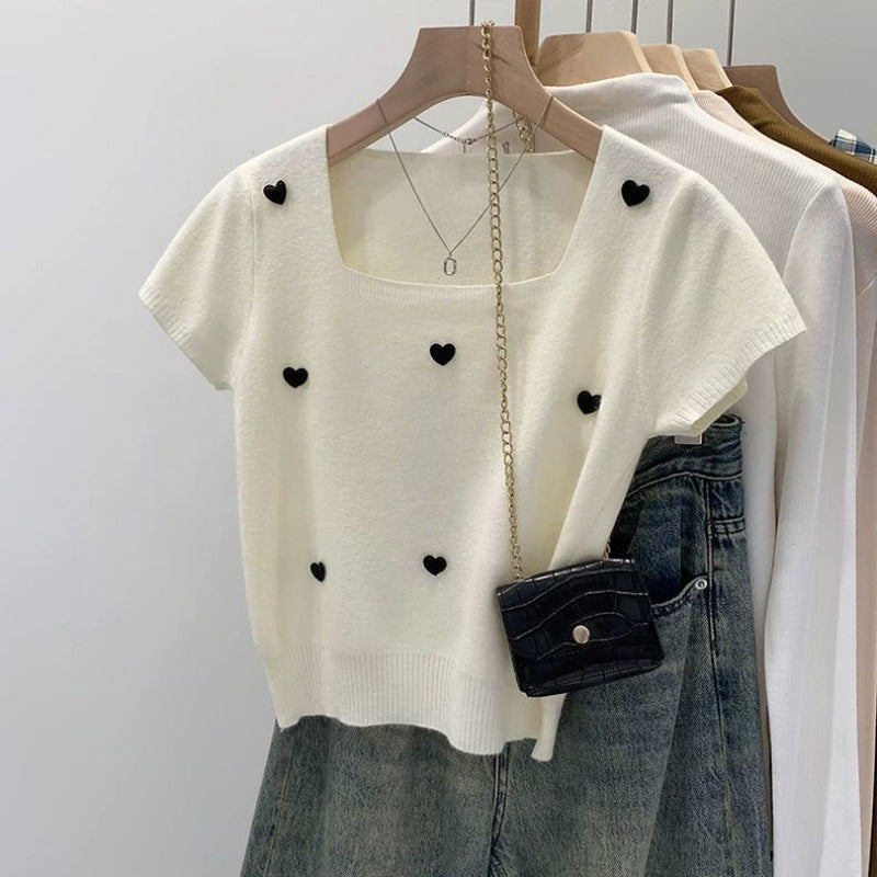 Women’s Summer 3D Heart Knit Top – Stylish Square Collar, Short Sleeve T-Shirt