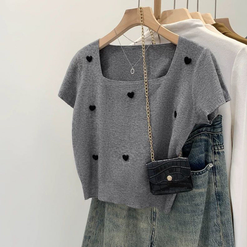 Women’s Summer 3D Heart Knit Top – Stylish Square Collar, Short Sleeve T-Shirt