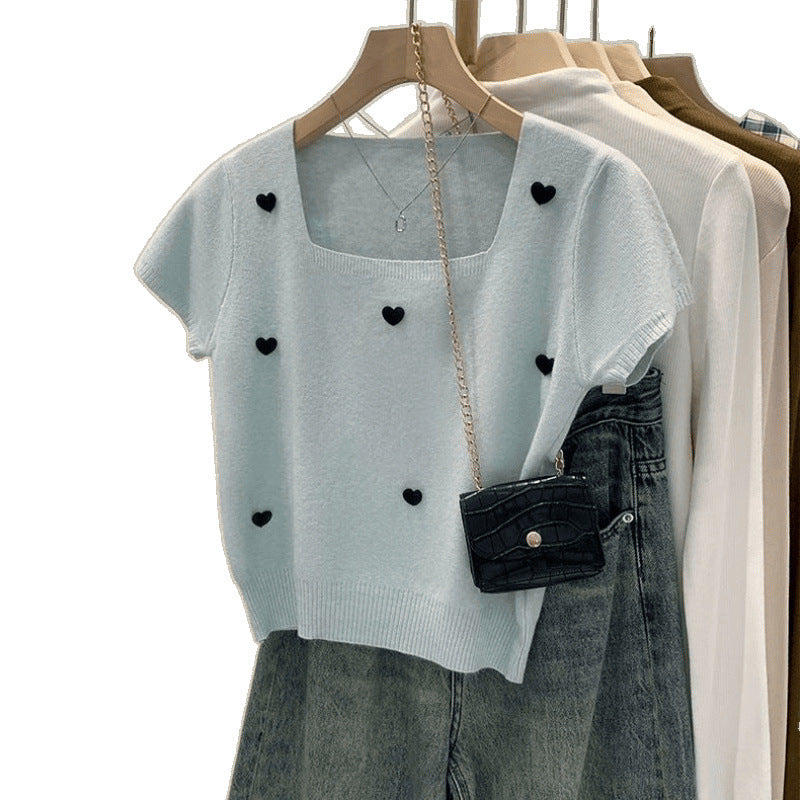 Women’s Summer 3D Heart Knit Top – Stylish Square Collar, Short Sleeve T-Shirt