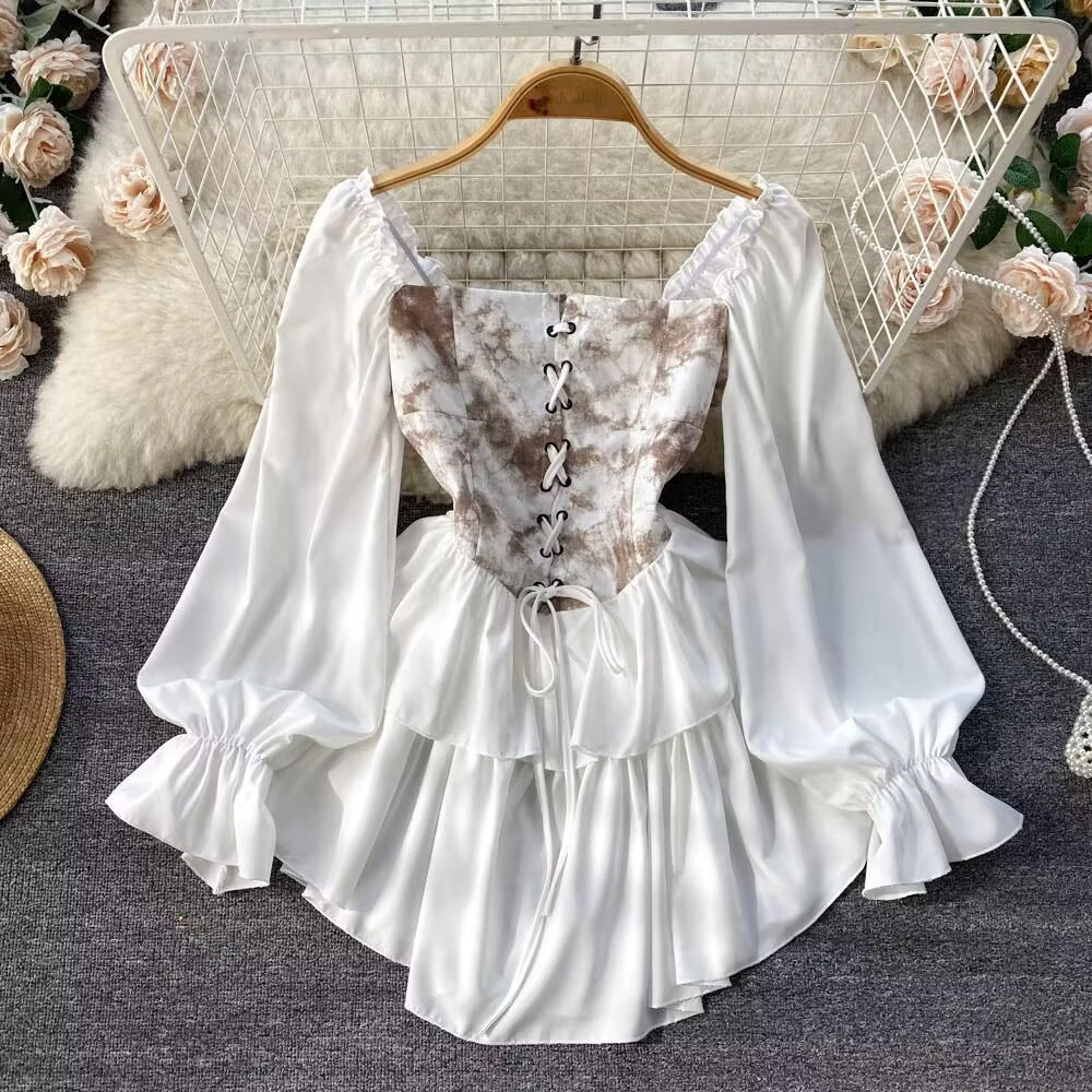 Women's Spring & Autumn One-Shoulder Puffy Dress – Asymmetrical Watermark Design with Waist-Cinching Belt