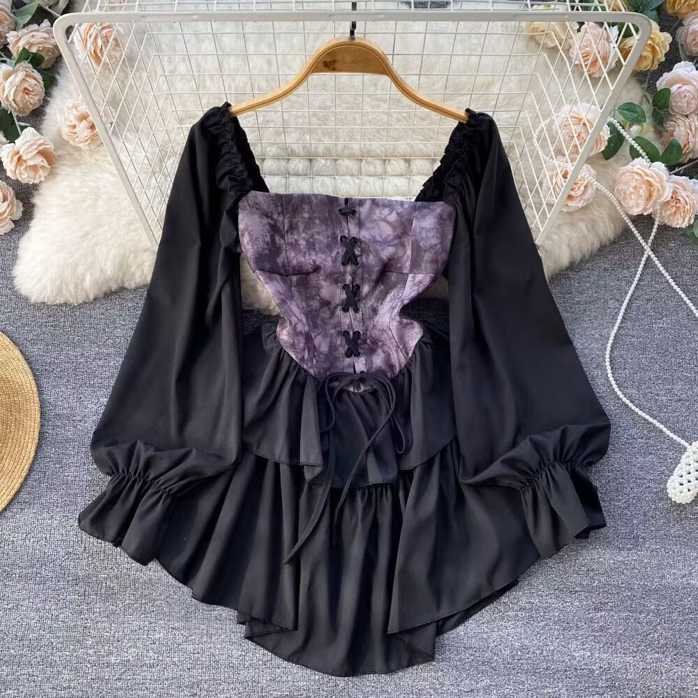 Women's Spring & Autumn One-Shoulder Puffy Dress – Asymmetrical Watermark Design with Waist-Cinching Belt