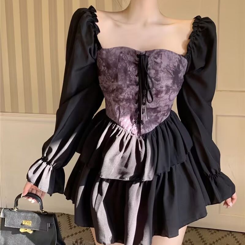 Women's Spring & Autumn One-Shoulder Puffy Dress – Asymmetrical Watermark Design with Waist-Cinching Belt
