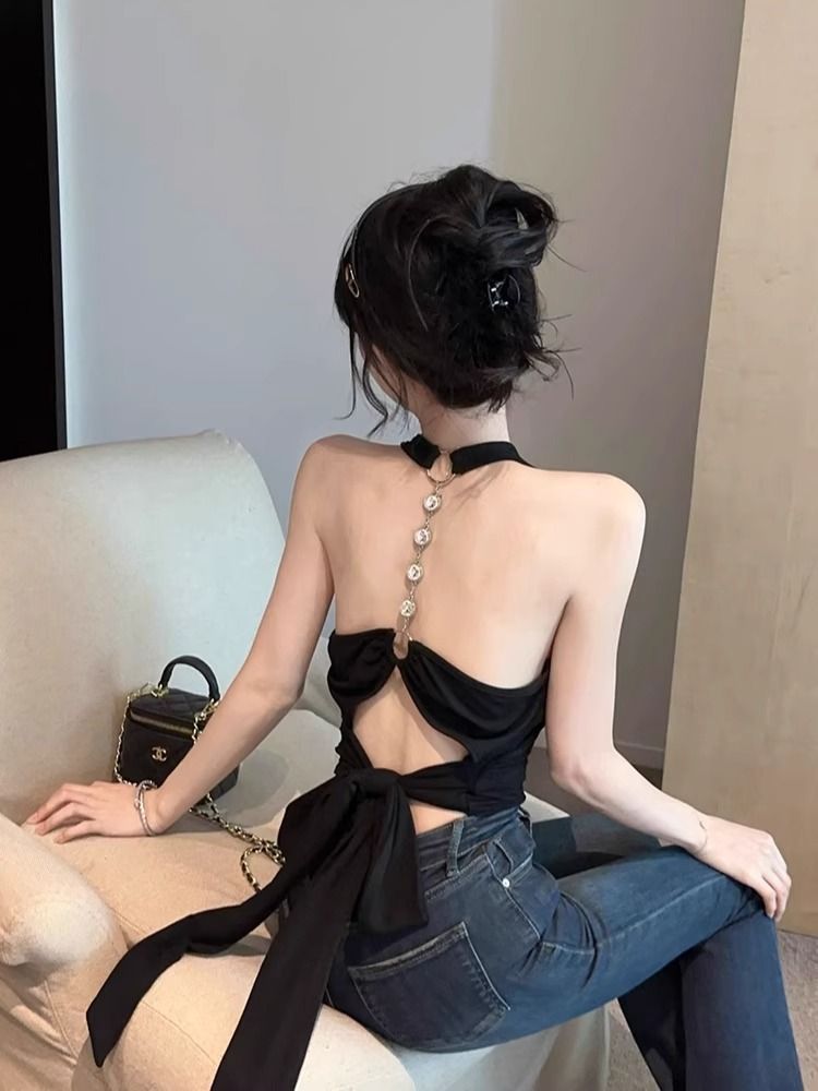 Women's Sexy Backless Strap Vest – Summer V-Neck Sleeveless Top, Thai Style Outdoor Wear