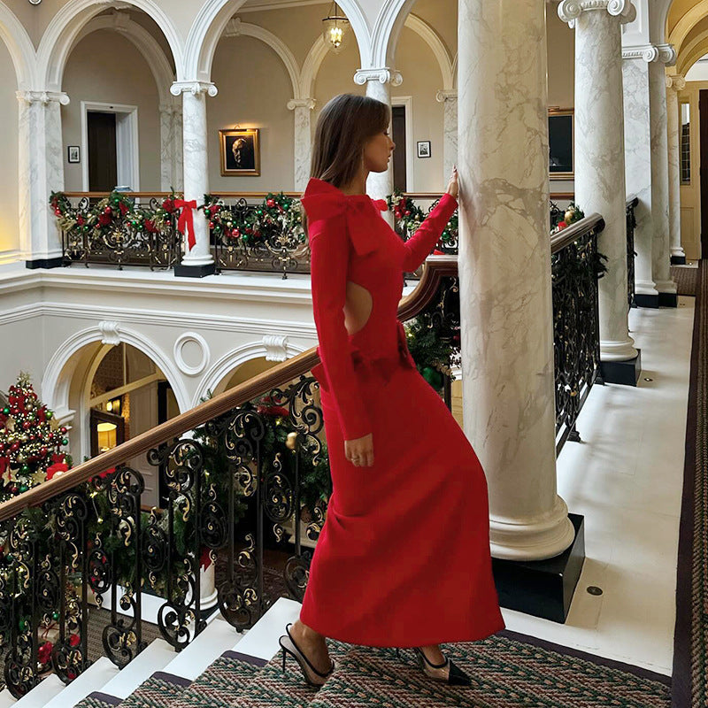 Women's Elegant Red Bowknot Cutout Long Sleeve Christmas Party Dress