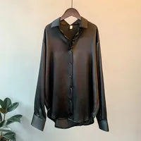 Women’s Elegant Satin Blouse – Solid Color Long Sleeve Button-Down Shirt with Relaxed Fit
