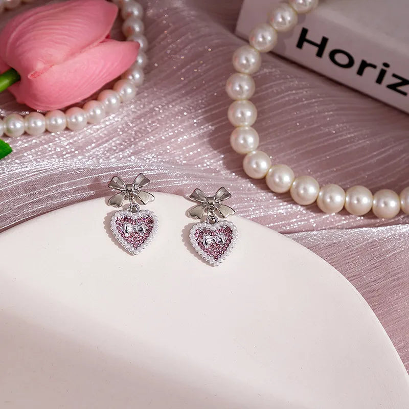 Pink Bow Heart Crystal Earrings (Code-ZX#637)