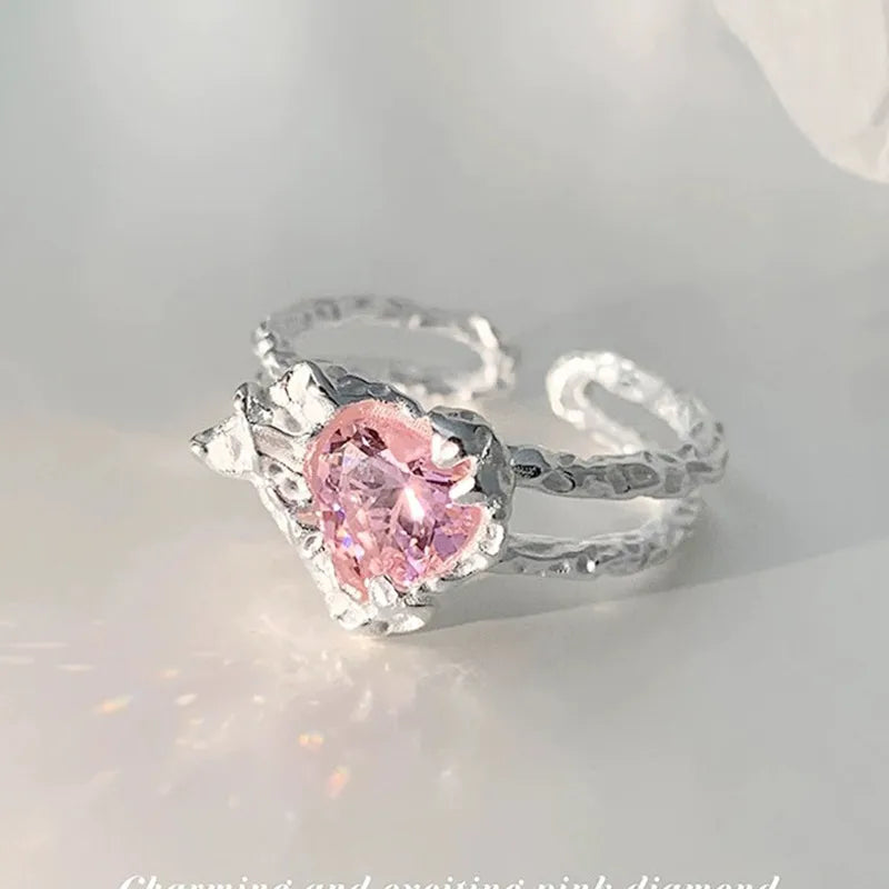 Heart Shape Bow Knot Copper Plating Inlay Zircon – Adjustable Open Ring