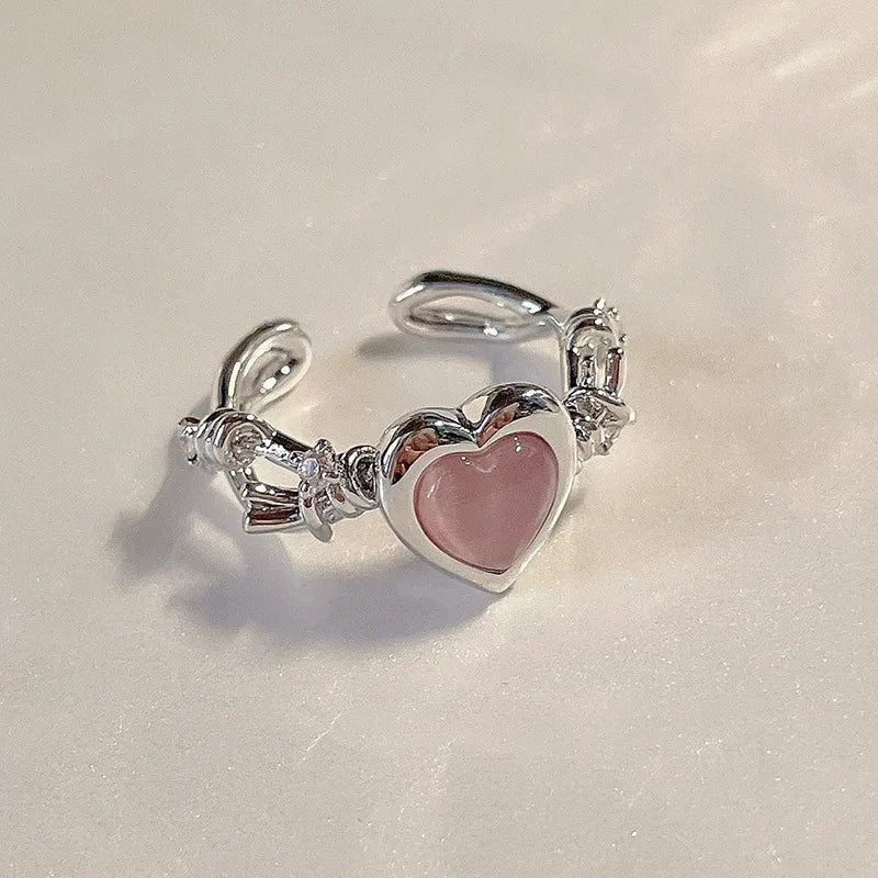 Heart Shape Bow Knot Copper Plating Inlay Zircon – Adjustable Open Ring