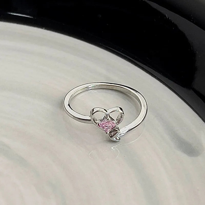 Heart Shape Bow Knot Copper Plating Inlay Zircon – Adjustable Open Ring