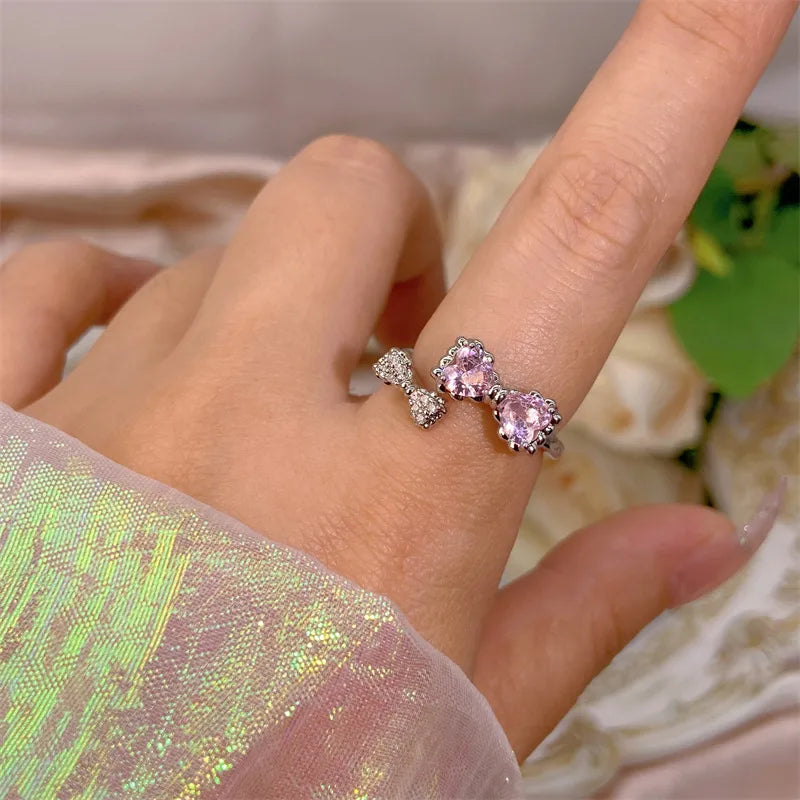 Elegant Heart, Bow & Flower Rings – Adjustable Open Zircon Jewelry