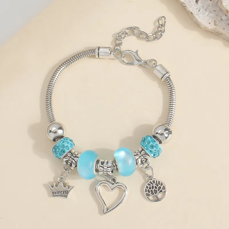 Blue Charm Princess Bracelet – Heart, Crown & Tree Pendant Beaded Bracelet