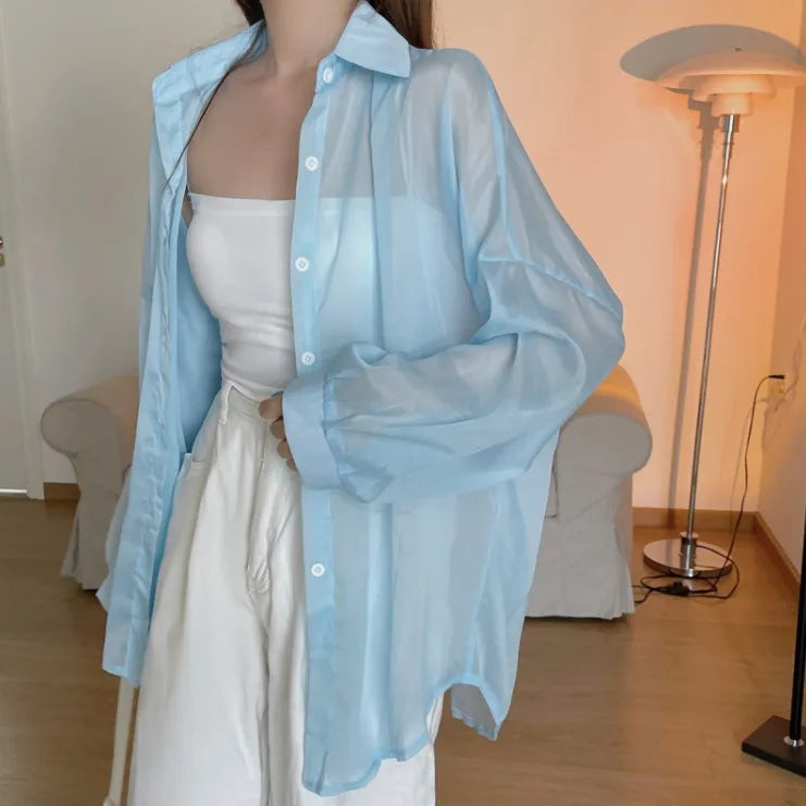 Women’s Sheer Purple Long Sleeve Blouse – Lightweight Casual Button-Down Shirt