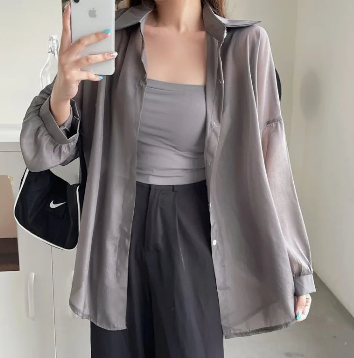 Women’s Sheer Purple Long Sleeve Blouse – Lightweight Casual Button-Down Shirt