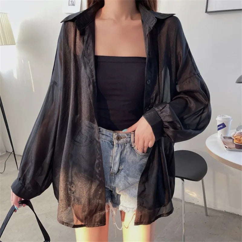 Women’s Sheer Purple Long Sleeve Blouse – Lightweight Casual Button-Down Shirt