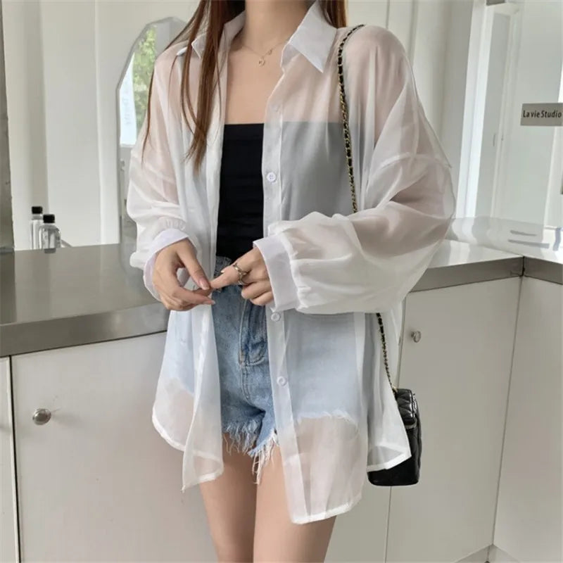 Women’s Sheer Purple Long Sleeve Blouse – Lightweight Casual Button-Down Shirt
