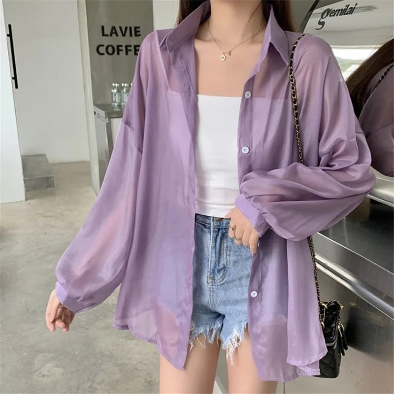 Women’s Sheer Purple Long Sleeve Blouse – Lightweight Casual Button-Down Shirt