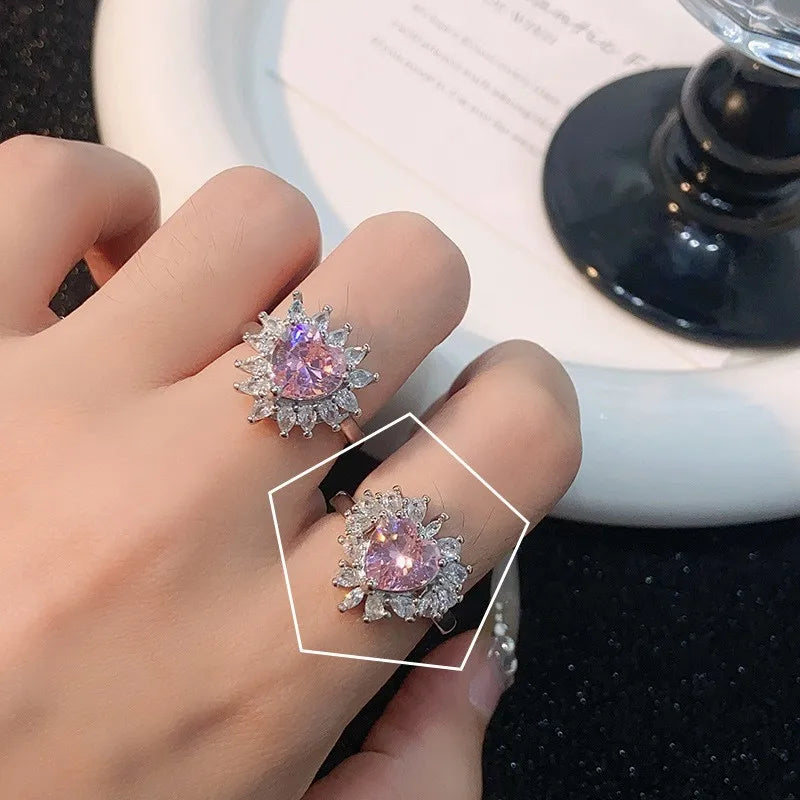 Heart Shape Bow Knot Copper Plating Inlay Zircon – Adjustable Open Ring