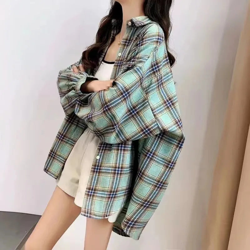 Women’s Oversized Plaid Button-Down Shirt – Casual Long Sleeve Checkered Blouse