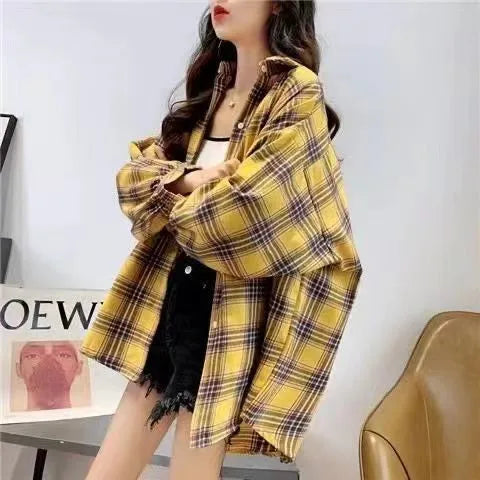 Women’s Oversized Plaid Button-Down Shirt – Casual Long Sleeve Checkered Blouse