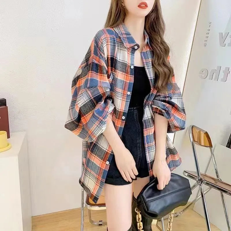 Women’s Oversized Plaid Button-Down Shirt – Casual Long Sleeve Checkered Blouse
