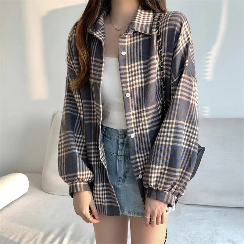 Women’s Oversized Plaid Button-Down Shirt – Casual Long Sleeve Checkered Blouse