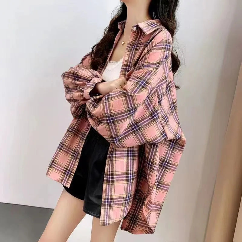 Women’s Oversized Plaid Button-Down Shirt – Casual Long Sleeve Checkered Blouse