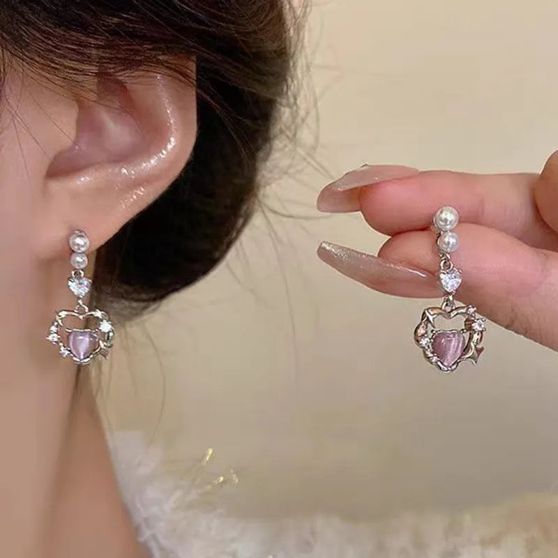 Blushing Heart Pearl Drop Earrings (Code-ZX#713)