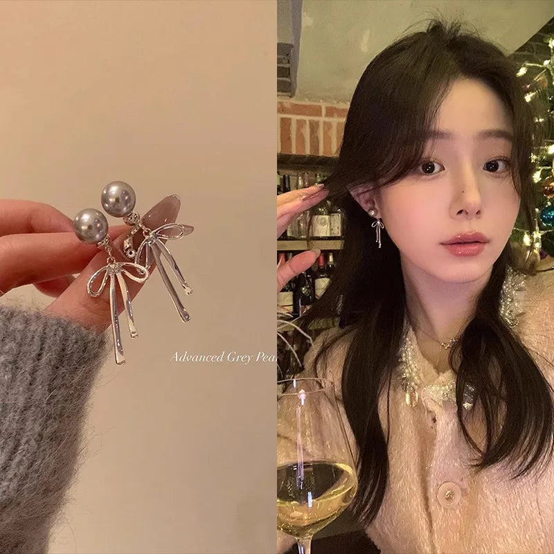 Elegant Grey Pearl Ribbon Earrings (Code-ZX#715)