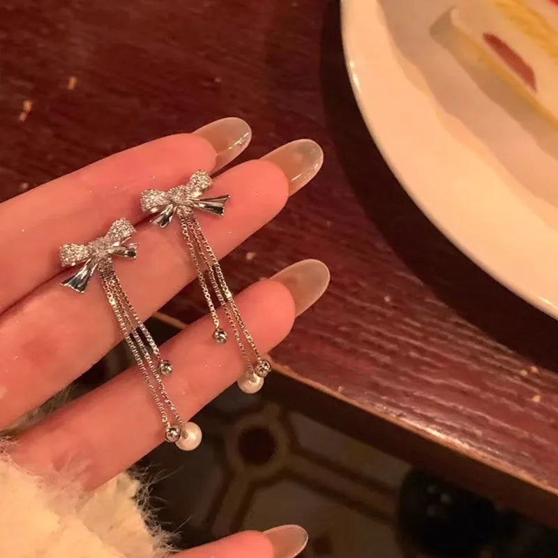 Crystal Bow Dangle Pearl Earrings (Code-ZX#712)