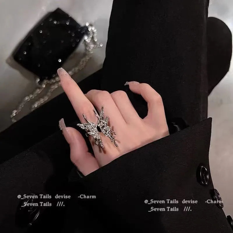 Elegant Heart & Butterfly Open Ring – Classic Alloy Zircon Design